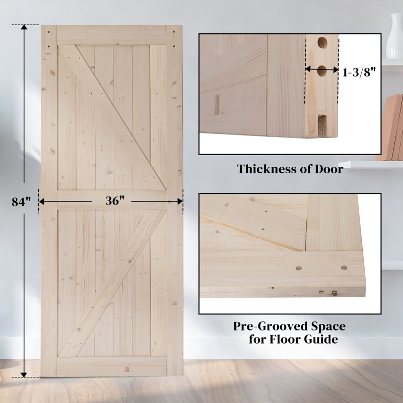S&Z TOPHAND Unfinished British Brace Knotty Barn Door – 32x80 Inch Solid Spruce With Sliding Hardware Kit