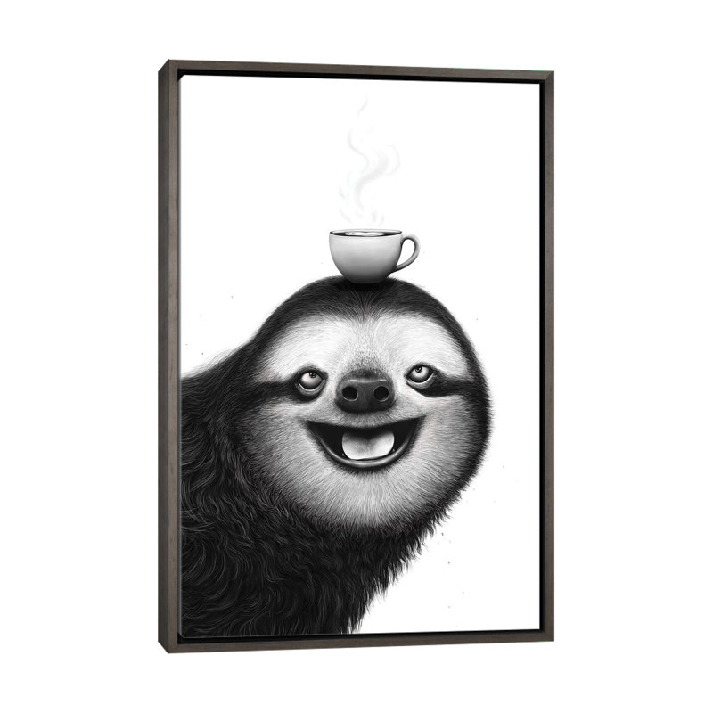 Paresseux avec cappuccino - reproduction d'art murale - toile encadrée, 48" x 32", Toile avec cadre, Grey