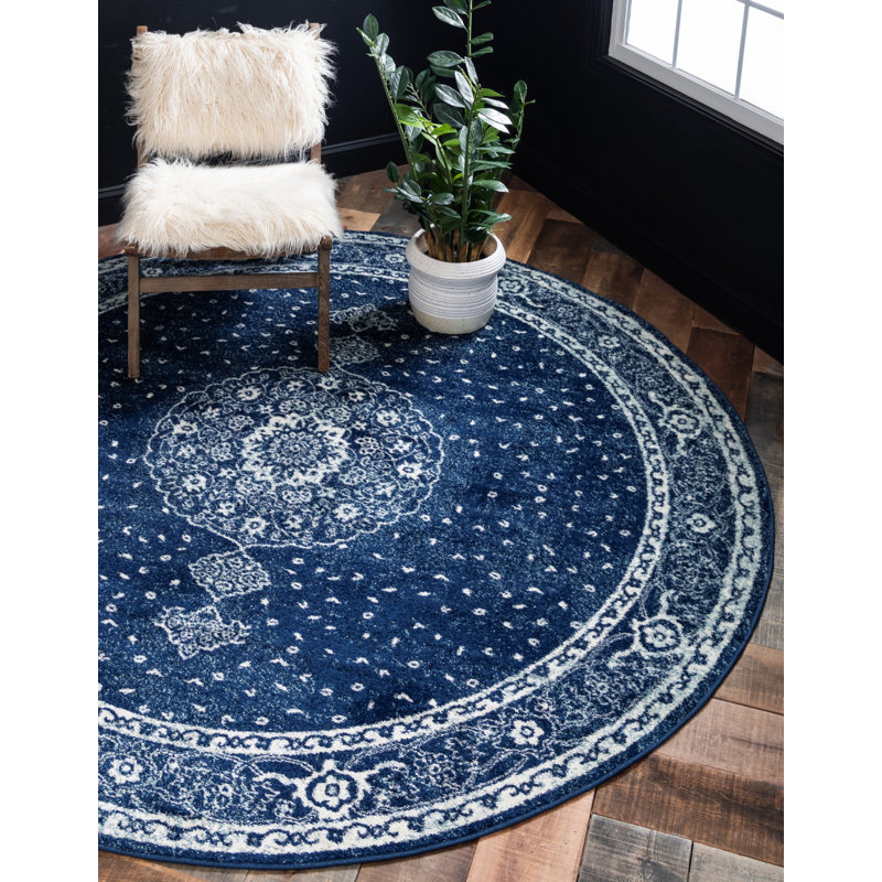 Tapis bleu marine Rizo Pat, Rond 5 pi 3 po