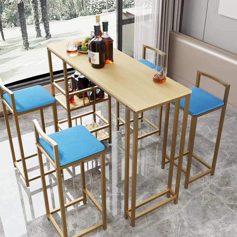 Bar Table And Chair 5 Piece Set, Frame, Multi-Layer Tabletop, Chair Cushion And Backrest Made Of Sponge, Table With Storage Function