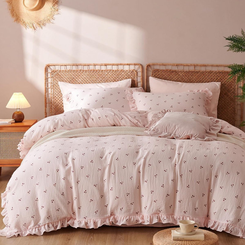 Musselin Bedding Linen Duvet Cover Cotton Pink White Flower With Ruffled Edges, King Duvet Cover + 2 Standard Pillowcases