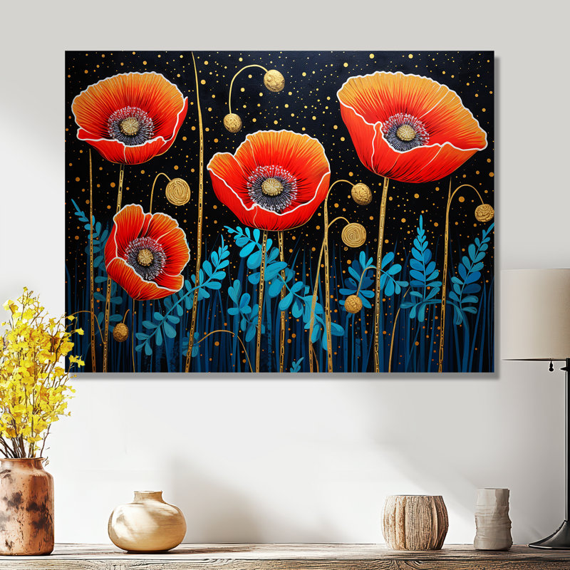 Quatre coquelicots seuls dans la nuit - salon d'art mural coquelicots, Métal métal, H 24 po x l 32 po x P 1 po