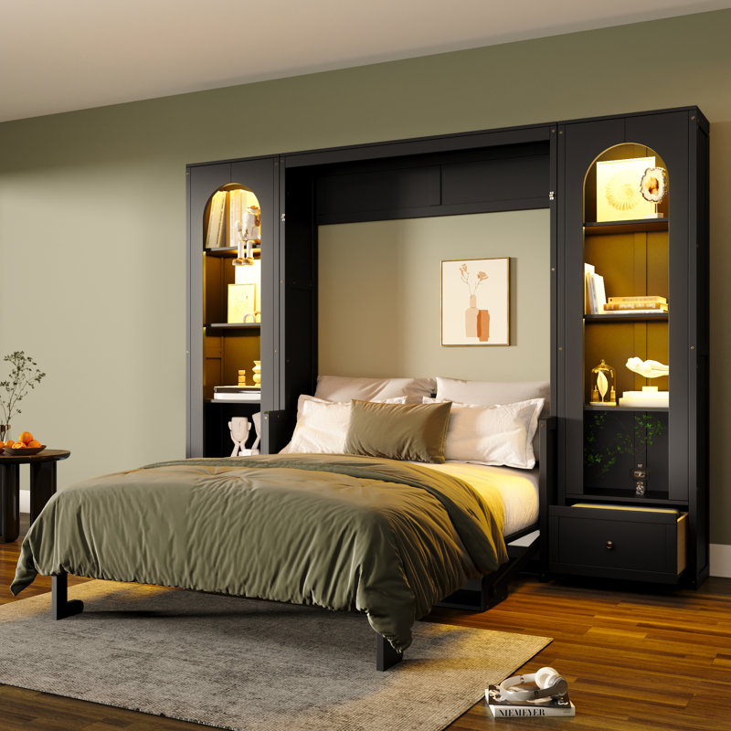 Grand lit escamotable gris avec éclairage à DEL, tablettes, armoires latérales et tiroirs, lit mural pliable pour les petits espaces