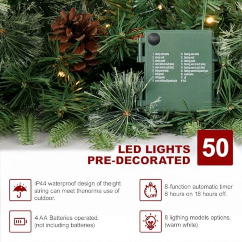 9FT Pre-Lit Artificial Christmas Garland with Dual Color LED Lights and Timer by Remote Control and Batteries Operated, Holiday Decorations, for Indoor Door Home Stairs Fireplaces Wall