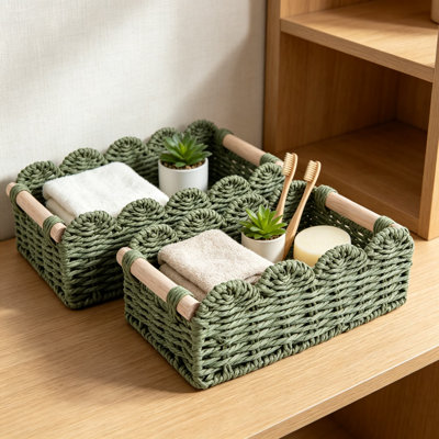 Woven Wicker Storage Basket Set with Handles for Bathroom, Toilet Tank Top, Countertop, Shelves, and Desk Organization, Scalloped Edge Decorative Paper Rope Bins for Home and Office