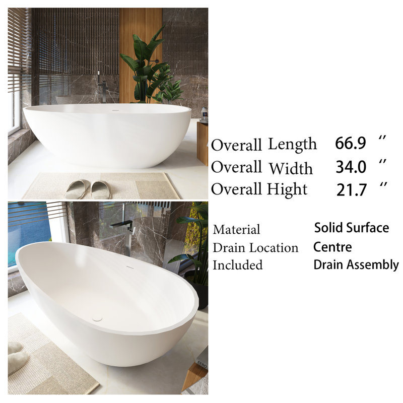 Spa-Like Freestanding Solid Surface Bathtub - 66.9" Deep Soaking Tub with Overflow