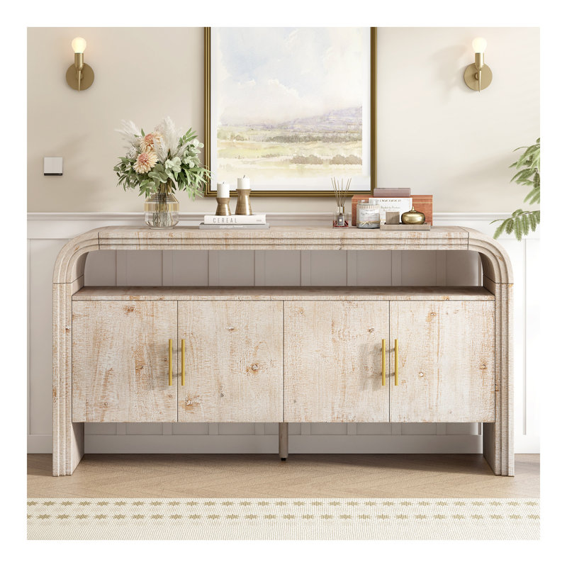 Buffet courbé minimaliste 59,8 po avec poignées dorées, armoire de rangement multifonctionnelle à 4 portes, console d'entrée avec tablette ouverte pour le salon, la salle à manger