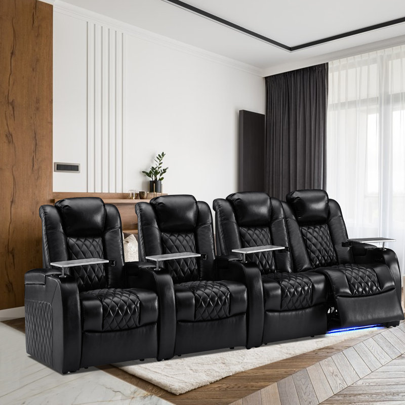 Siège de cinéma maison inclinable électrique en cuir avec porte-gobelet (rangée de 4 causeuses à gauche), Cuir véritable noir