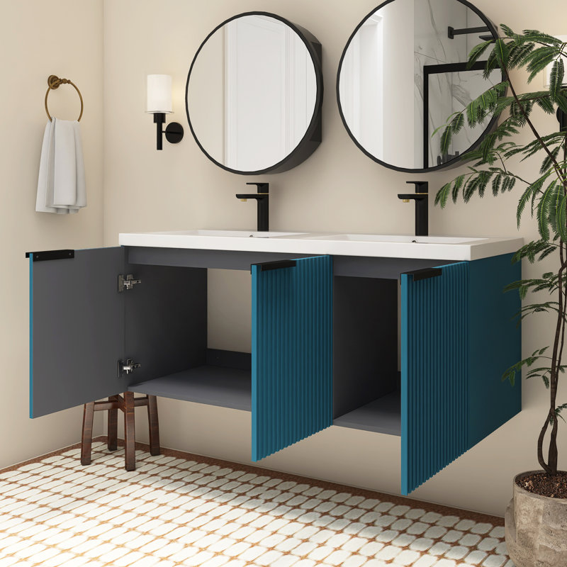 Meuble-lavabo mural 48 po avec double lavabo en résine, Bleu lac