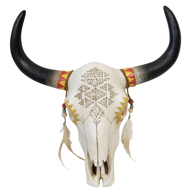 Resin Southwestern Wall Decor Bull Steer Skull with Feathers Design