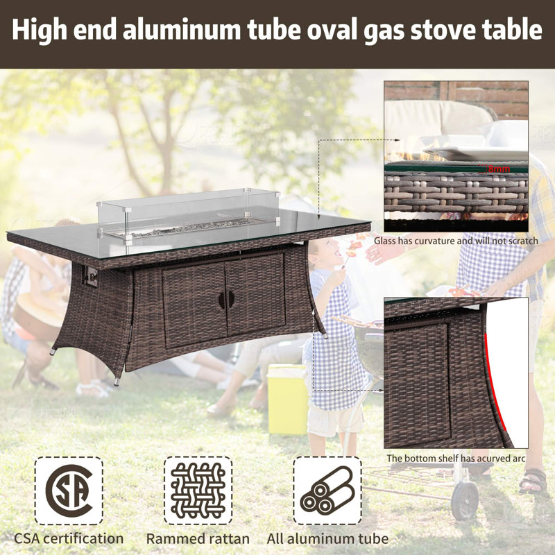 6-Seat Rectangular Fire Pit Table, Brown
