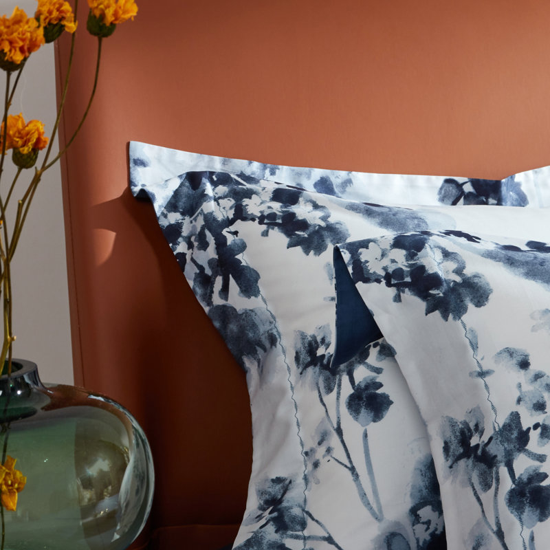 Ensemble de housse de couette à motif aquarelle bleu marine 3 pièces Lunaria, 100% coton à longues fibres, confort doux et respirant