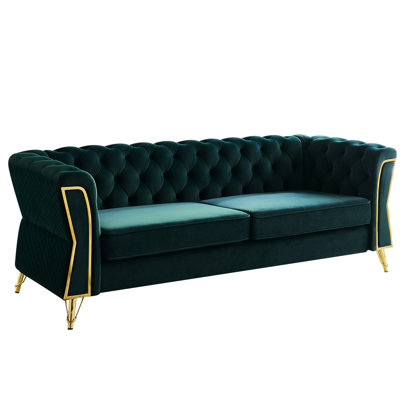 Velvet Living Room Couch, 87.4 Inch, Solid Wood & Metal Frame, High Foam, Flared Arm And Diamond Seam , Legs Shape