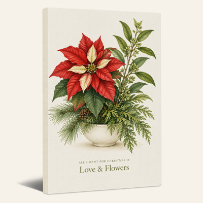 " Red Poinsettia and Pine Branches in White Pot Christmas " Painting