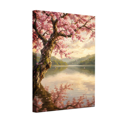 «Plants & Flowers Cherry Blossom Tree Lake Reflection Sunset», reproduction d'art