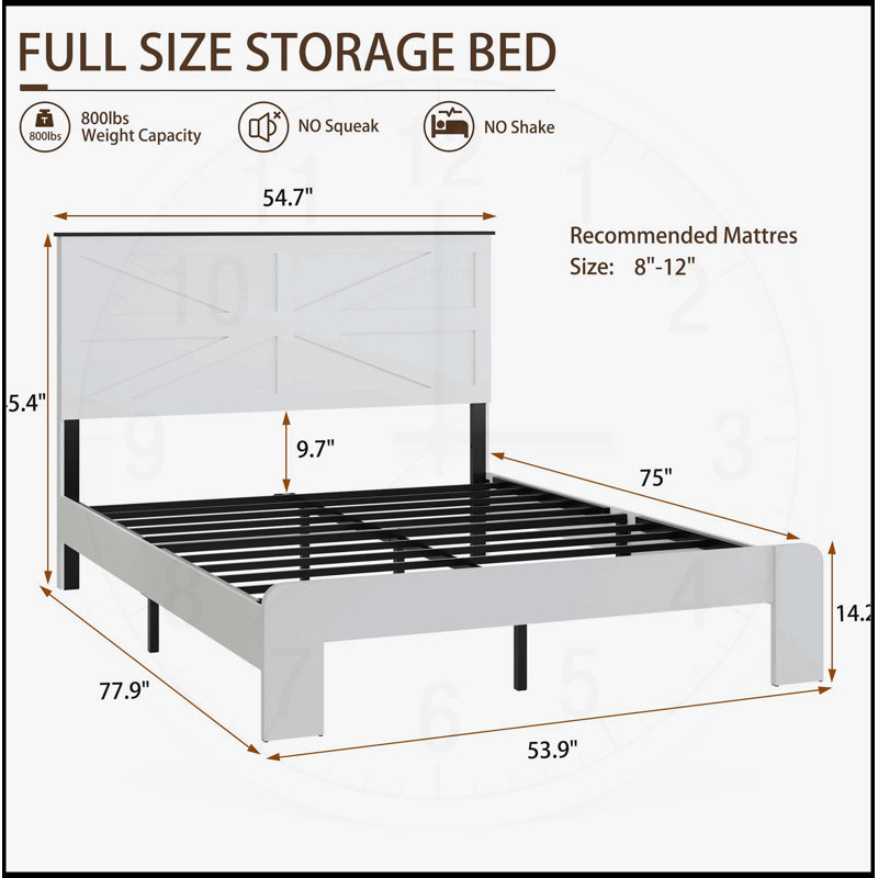 Structure de lit double avec tête de lit, plateforme en bois, conception silencieuse, aucun sommier requis, assemblage facile, grand rangement sous le lit, blanc