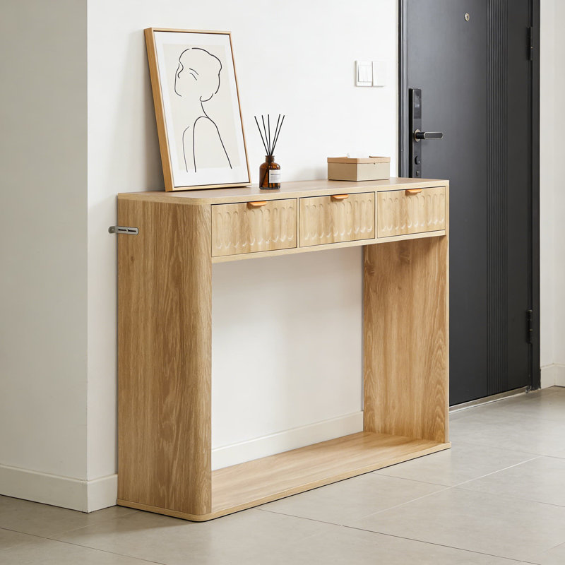 Console étroite avec 3 tiroirs et rangement, table de canapé mince pour le salon derrière le canapé, meuble télé dans le couloir avec conception cannelée robuste