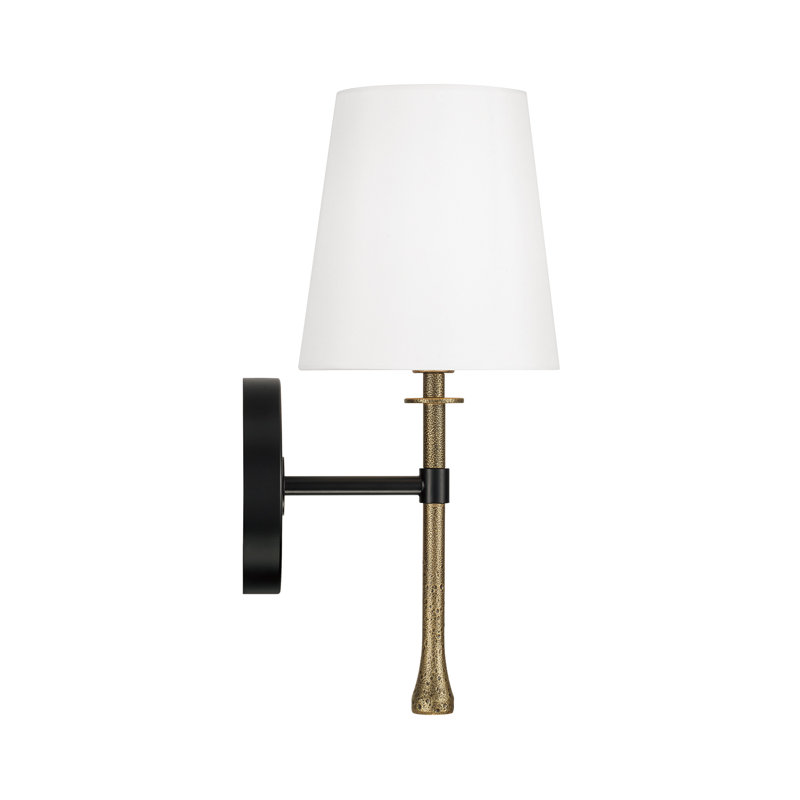 6" W x 14.25" H 1-Light Wallchiere Sconce in Matte Black with Textured Hammered Gold Tail and White Fabric Shade