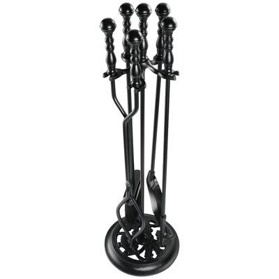 5 Pieces Fireplace Tools Sets Wrought Iron Firewood Kit With Handle Durable Tool Set And Holder For Fire Pit Stand Indoor(Black)