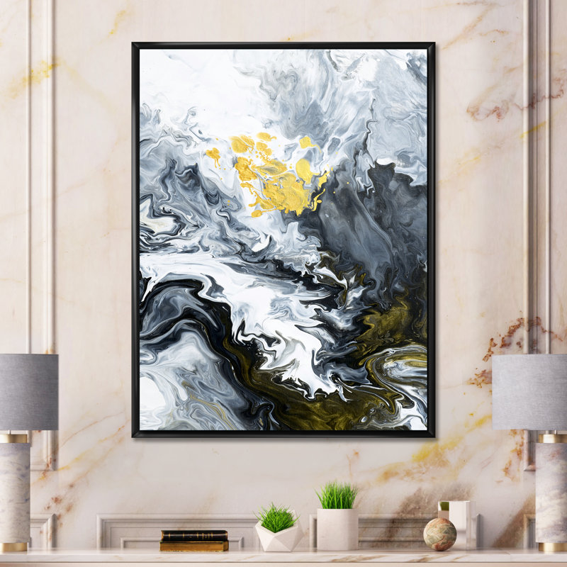 Or blanc et nuages de marbre jaune III - peinture sur toile, H 40 po x l 30 po, Cadre flottant noir