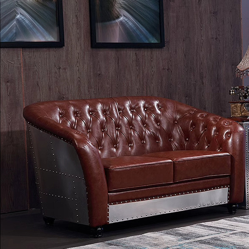 Vintage Industrial Rivet Aluminum Skin Sofa 61.42'' Faux Leather Sofa