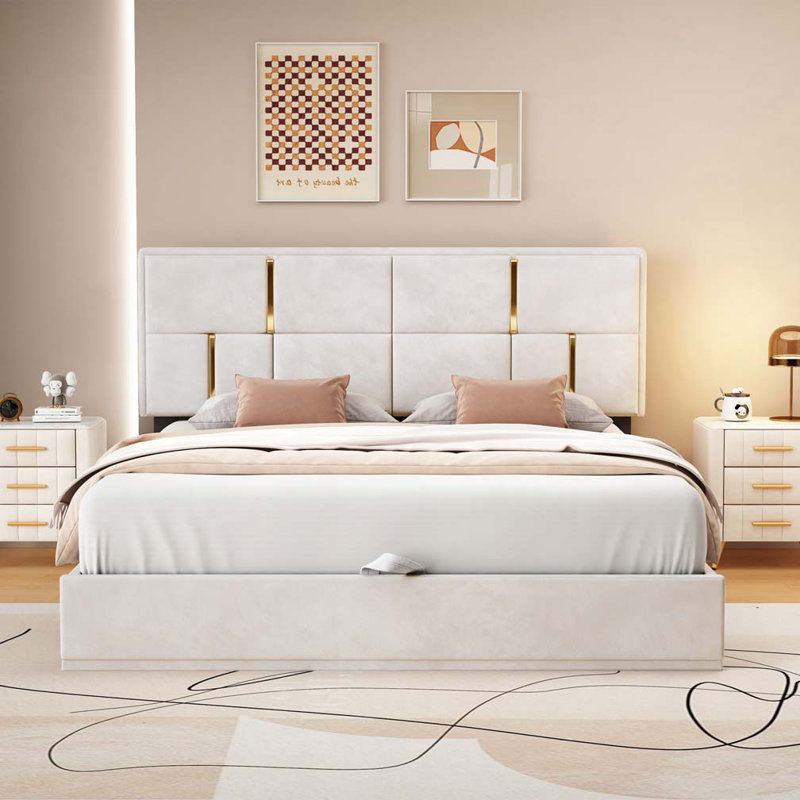 Lit plateforme tapissier avec système de rangement hydraulique, Beige