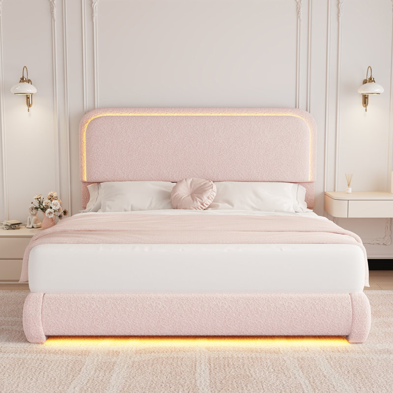LED Teddy Fleece Platform Bed Frame with Round Corner Upholstered Headboard, Full, Pink