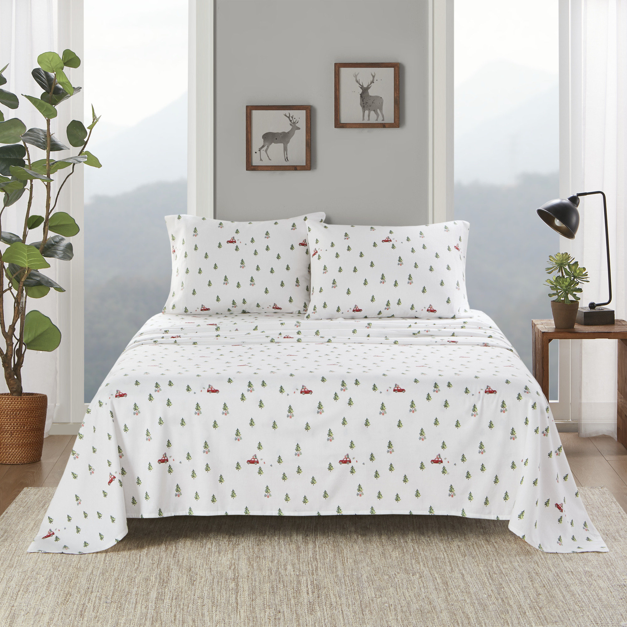 Woolrich 100% Cotton Flannel Sheet Set, Green Tree Trip, California King Sheet Set with 2 Pillowcases