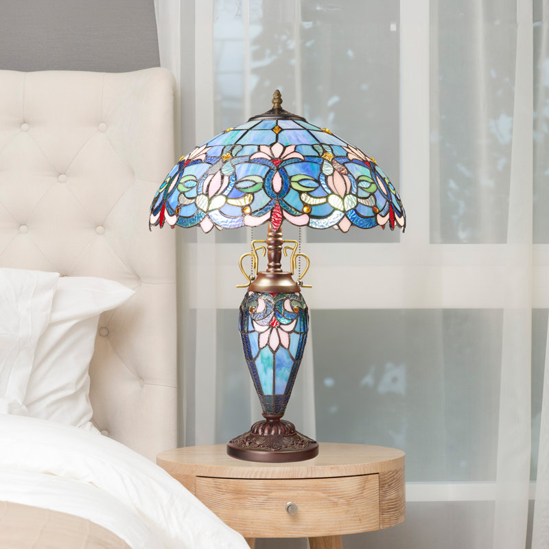 24.5"H Victorian Dome Shade Double Lit Tiffany-Style Stained Glass Table Lamp, Blue