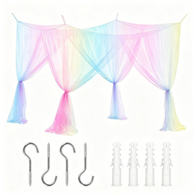 Rainbow Gradient Square Bed Canopy Mosquito Net, 4 Openings Four Corner Hanging Bed Net Curtain for Full Queen Bed Home Decor, 82"W x 84"L x 86"H