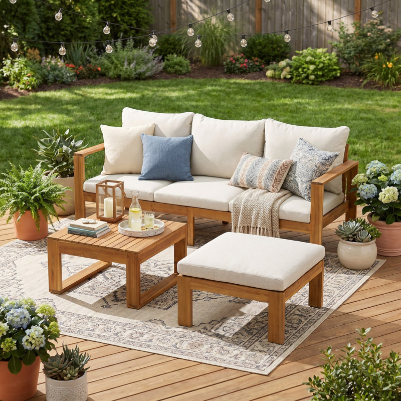 Ensemble de meubles en bois d'acacia 3 pièces, canapé de conversation avec table basse et repose-pieds, ensemble de canapé d'extérieur 3 places pour balcon de jardin