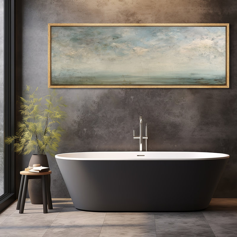 «Serene Sky and Misty Horizon Neutral Landscape - Large encadrée», Naturel, H 20 po x l 60 po x P 1,5 po