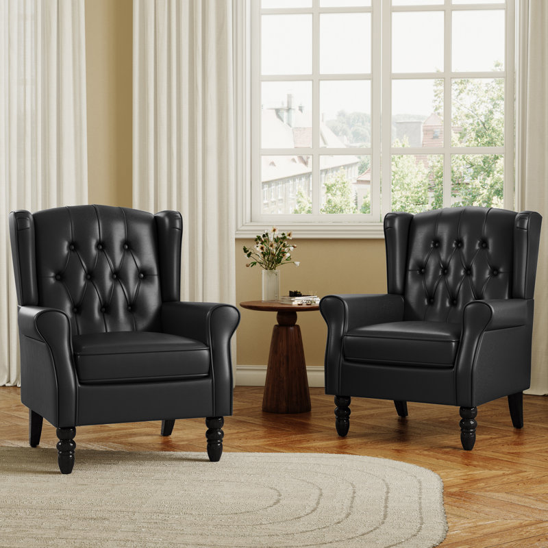 Duward Faux Leather Black Button Tufted Wingback Accent Chair with Rolled Arm and Thick Padded Cushion, Black Faux Leather