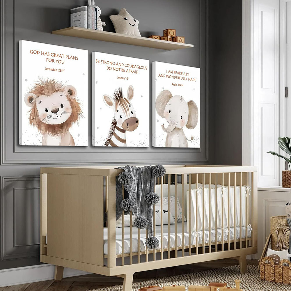 3Pcs Nursery Bible Verse Animal Canvas Wall Art Funny Cute Safari Animals Christian Painting Picture Wall Decor Lions Elephant Zebra Poster Print Artw