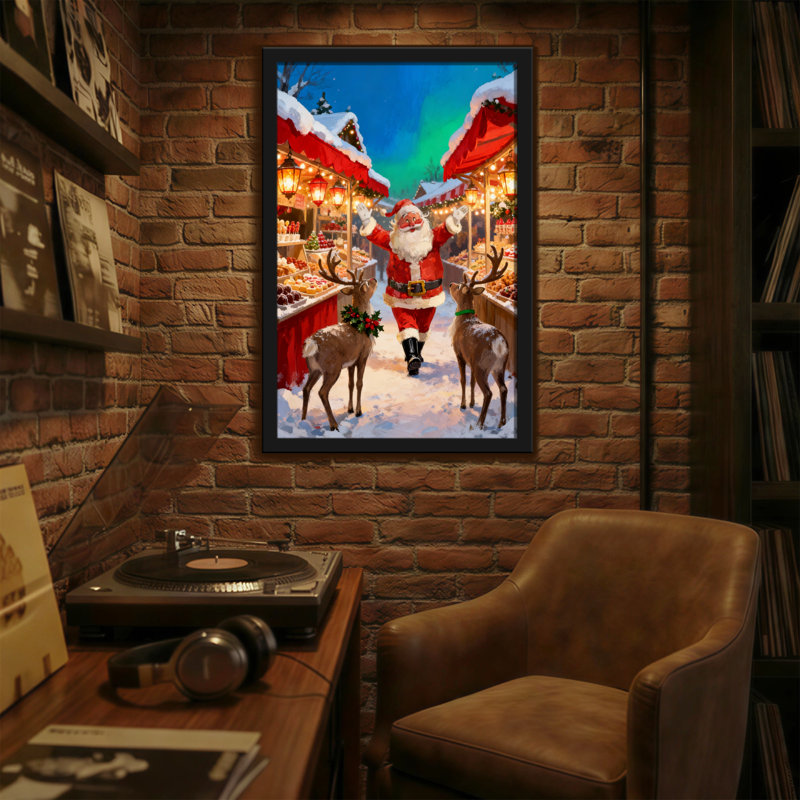 Père Noël avec des rennes au marché de Noël, H 36 po x l 24 po