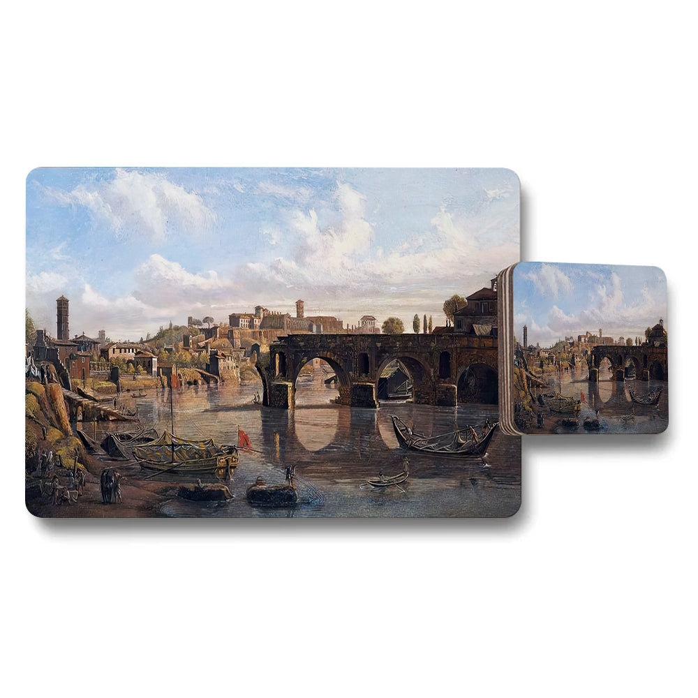 Placemat Coaster Set Featuring Historic City River Bridge Artwork