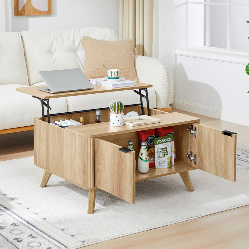 Table basse à plateau relevable avec rangement, Naturel