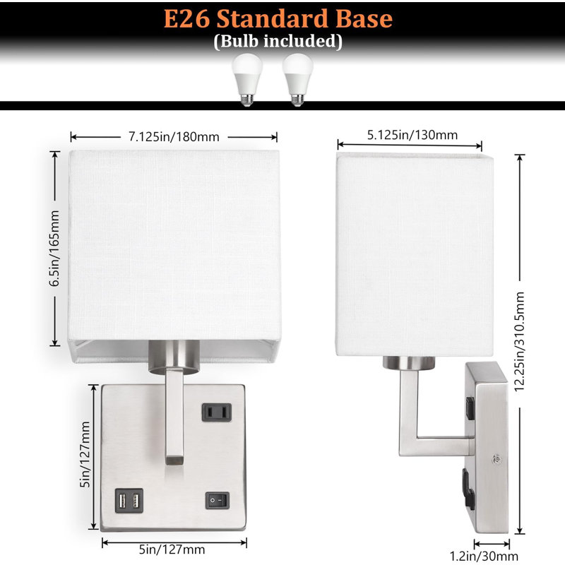 Bedroom Sconces Set of 2, Wall Mounted Bedside Lamps with USB Port, AC Outlet and 3 Colour Selectable