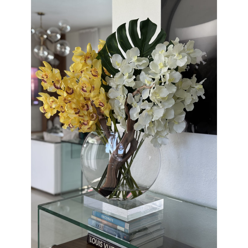 Moon Vase With Yellow Cymbidiums And White Vandas, Yellow