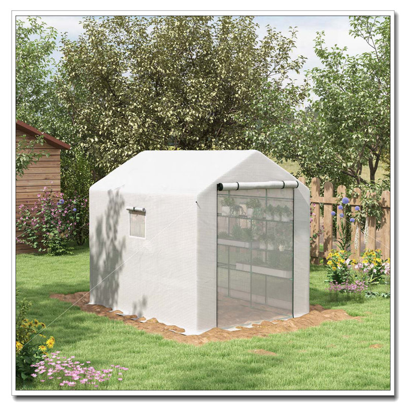 Outsunny 8' x 6' x 7' Walk-in Greenhouse with Mesh Door and Windows, 18 Shelf Green House with Trellis, Plant Labels, UV protective for Growing Flowers, Herbs, Vegetables, Saplings, White