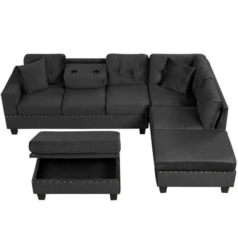 Canapé modulaire 105 po avec repose-pieds de rangement 105 po, Velours noir