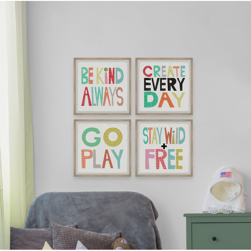 Fontaine Be Kind Always, ensemble de 4 reproductions encadrées, H 24 po x l 24 po x P 1,5 po, Encadrement brun