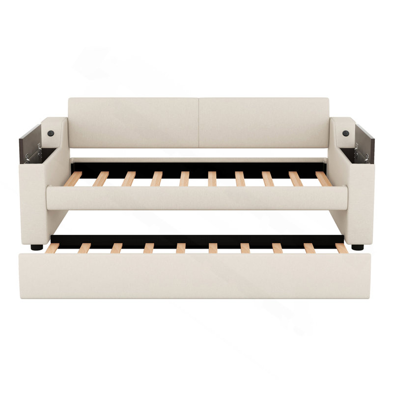 Lit de jour simple rembourré avec accoudoirs de rangement, gigogne et design USB, beige