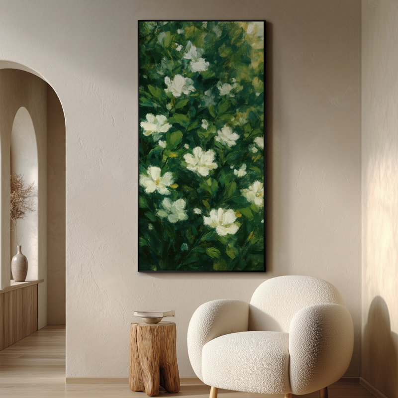 Très grande impression murale de jardin floral - fleurs blanches et feuilles vertes, décoration botanique pour le salon ou la chambre à coucher, assemblage requis