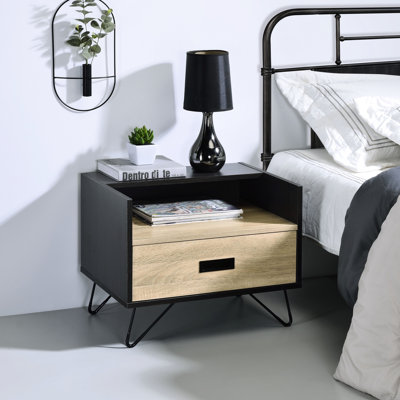 Table de chevet en chêne et noir pour chambre à coucher, 1 tiroir au look moderne brun, avec tablette de rangement ouverte