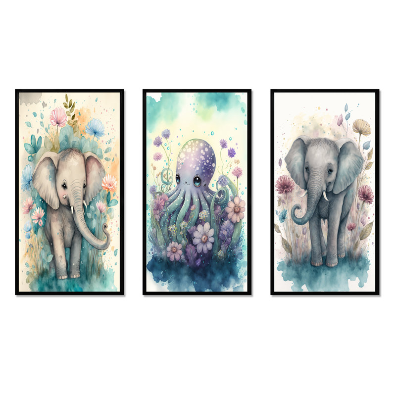 «Cute Little Baby Elephant In The Flowers», 3 pièces sur toile, Noir, H 28 po x l 36 po