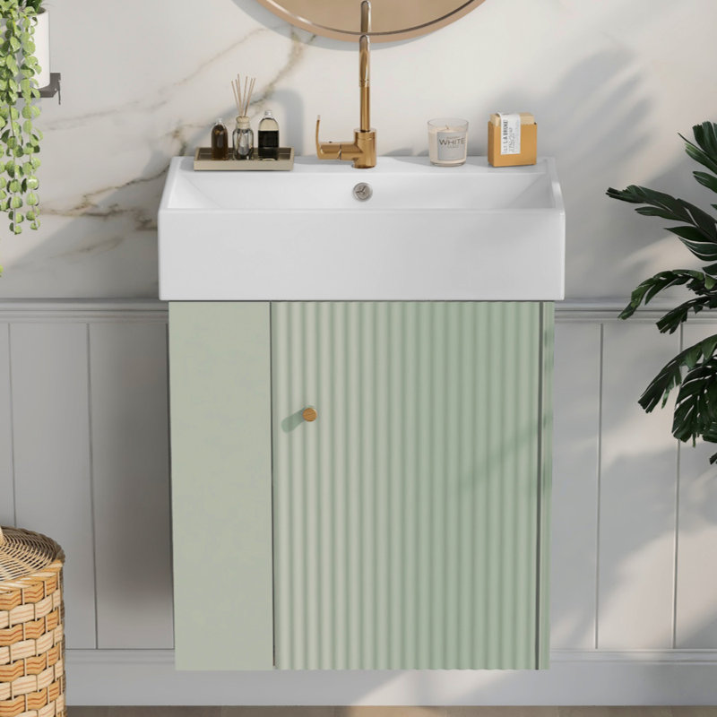 [Vidéo] Meuble-lavabo flottant de 21,6 po avec lavabo en céramique - Petite salle de bain parfaite, rangement à gauche, Vert