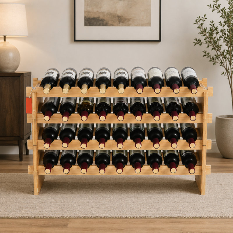 four-layer bamboo wood combinable wine display rack stackable holds thirty-six wine bottles