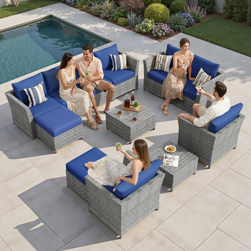 Ensemble de conversation modulaire en rotin avec coussins Paulsen, Non, Bleu marine, Gris