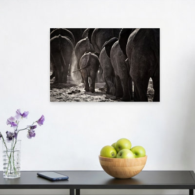 Dusty Elephant Family Contemporary Elephant Nature Wildlife Wall Art Print by Ben McRae - Wrapped Canvas Print